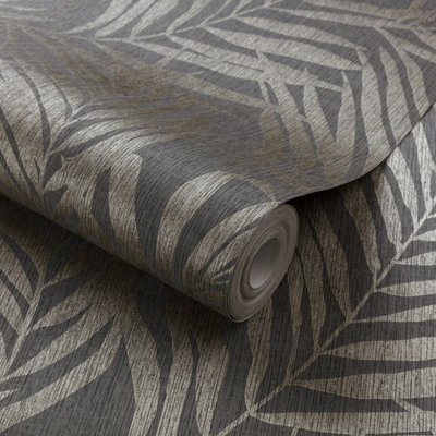 Grandeco Maui Palm Frond Leaf Textured Wallpaper, Grey