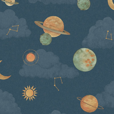 Grandeco Maury Planets and Constellations Nursery Textured Wallpaper, Blue