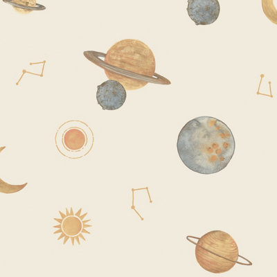 Grandeco Maury Planets and Constellations Nursery Textured Wallpaper, Cream Gold