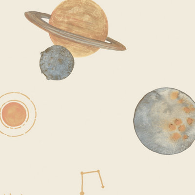 Grandeco Maury Planets and Constellations Nursery Textured Wallpaper,  Cream Gold