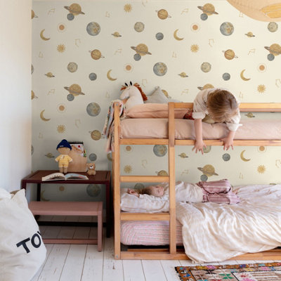 Grandeco Maury Planets and Constellations Nursery Textured Wallpaper,  Cream Gold