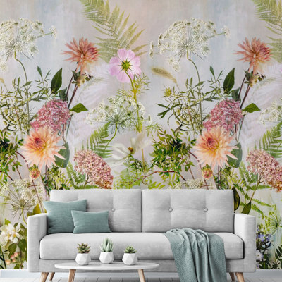 Grandeco Meadow Floral 3 panel repeatable Textured Mural, 2.8 x 1.59m