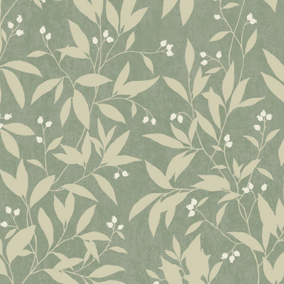 Grandeco Mikaya Rose Hip Sprig Blown Vinyl Wallpaper, Green