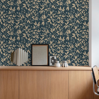 Grandeco Mikaya Rose Hip Sprig Blown Vinyl Wallpaper, Navy Blue