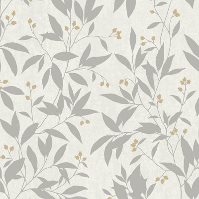 Grandeco Mikaya Rose Hip Sprig Blown Vinyl Wallpaper, White