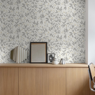 Grandeco Mikaya Rose Hip Sprig Blown Vinyl Wallpaper, White