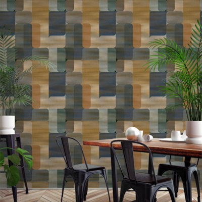 Grandeco Modem Geometric Textured Wallpaper, Teal Navy