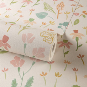 Grandeco Naive Ditsy Garden Flowers Textured Wallpaper, Neutral Pink
