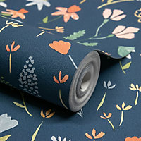 Grandeco Naive Garden Ditsy Flowers Textured Wallpaper, Blue