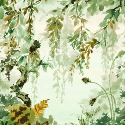 Grandeco Naive Watercolour Jungle Green 3 Lane Repeatable Wallpaper Mural 1.59 x 2.8m