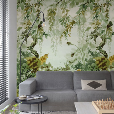Grandeco Naive Watercolour Jungle Green 3 Lane Repeatable Wallpaper Mural 1.59 x 2.8m
