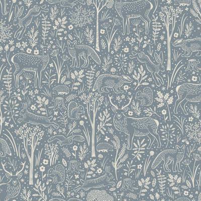 Grandeco Native Woodland Animals Nursery Textured Wallpaper, Blue