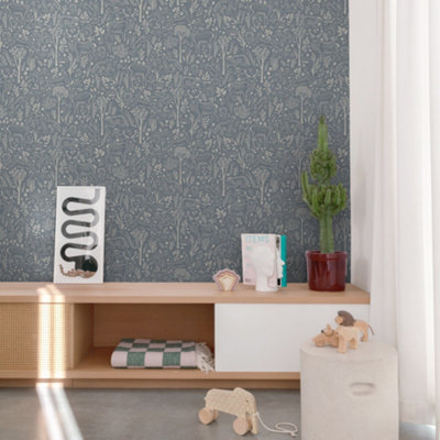 Grandeco Native Woodland Animals Nursery Textured Wallpaper, Blue