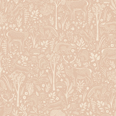 Grandeco Native Woodland Animals Nursery Textured Wallpaper, Blush