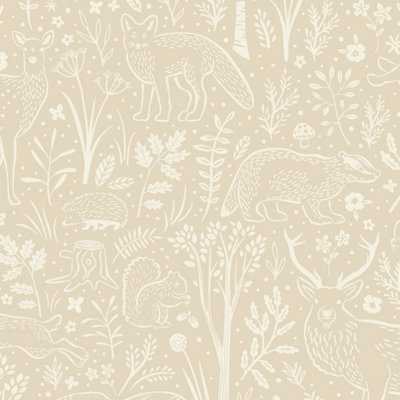 Grandeco Native Woodland Animals Nursery Textured Wallpaper, Neutral