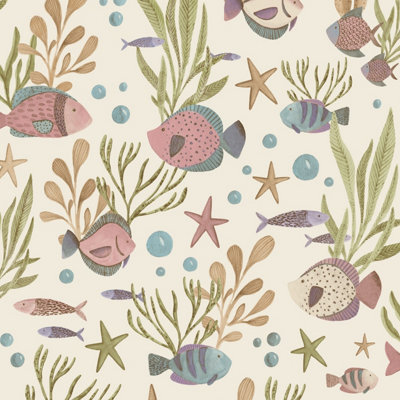 Grandeco Nemo Sealife Fish Nursery Textured Wallpaper, Blush Blue