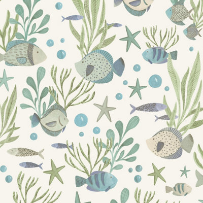 Grandeco Nemo Sealife Fish Nursery Textured Wallpaper, Light Green