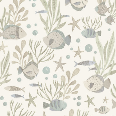 Grandeco Nemo Sealife Fish Nursery Textured Wallpaper, Neutral