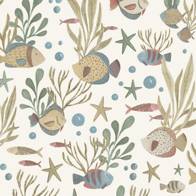 Grandeco Nemo Sealife Fish Nursery Textured Wallpaper, Ochre