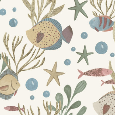 Grandeco Nemo Sealife Fish Nursery Textured Wallpaper, Ochre