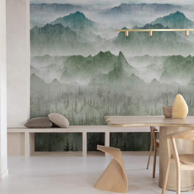 Grandeco Nendaz Misty Forest Mountains 3 panel repeatable Mural 1.59 x 2.8m, Green Teal