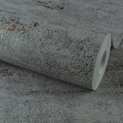 Grandeco On The Rocks Distressed Concrete Stone Textured Wallpaper, Charcoal Grey & Copper