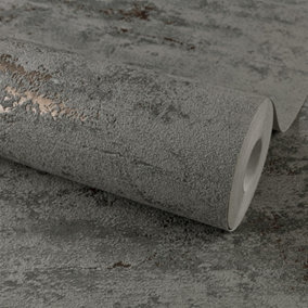 Grandeco On The Rocks Distressed Concrete Stone Textured Wallpaper, Charcoal Grey & Copper