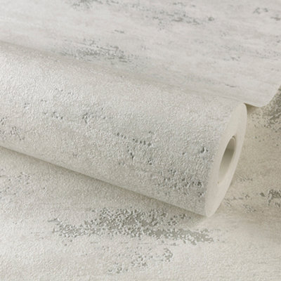 Grandeco On The Rocks Distressed Concrete Stone Textured Wallpaper, White & Silver