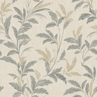 Grandeco Organic Leaf Trail Linen Textured Wallpaper, Grey Beige