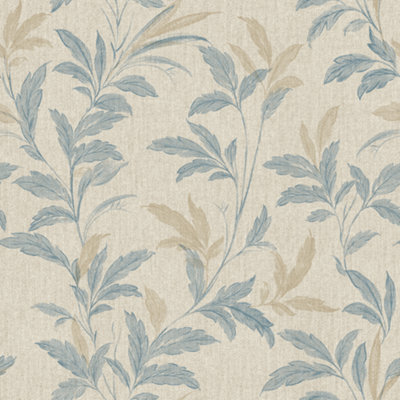 Grandeco Organic Leaf Trail Linen Textured Wallpaper, Neutral & Blue