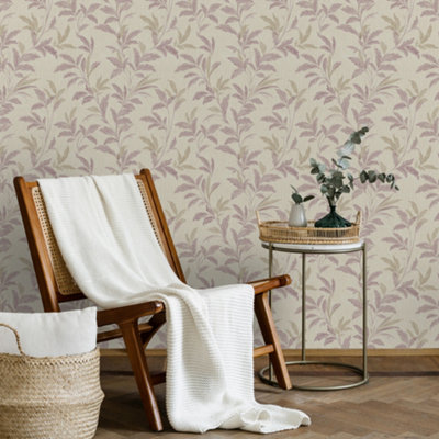 Grandeco Organic Leaf Trail Linen Textured Wallpaper, Purple Heather