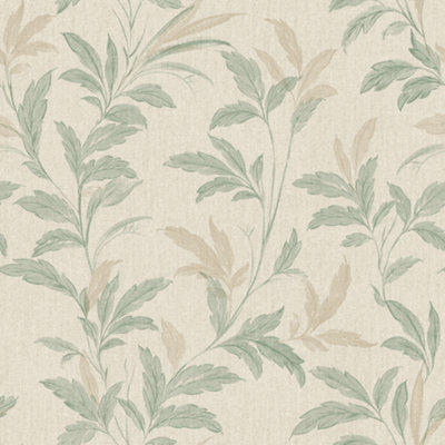 Grandeco Organic Leaf Trail Linen Textured Wallpaper, Sage Green Beige