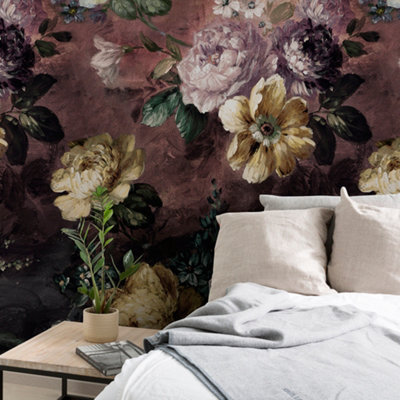 Grandeco Painted Flowers Burgundy 3 Lane Repeatable Wallpaper Mural 159 x 280cm