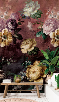 Grandeco Painted Flowers Burgundy Repeatable Wallpaper Mural 159 x 280cm
