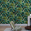 Grandeco Painted Leaves Tropical Vista Wallpaper, Green Teal