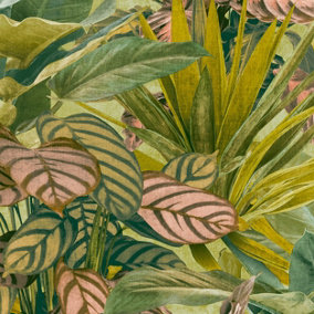Grandeco Painted Leaves Tropical Vista Wallpaper, Spring Green