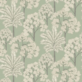 Grandeco Palm Forest Sage Green Wallpaper Metallic Leaves Paste The Wall Vinyl