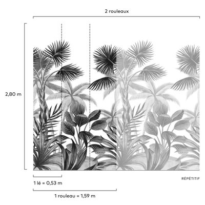 Grandeco Palm Scene 3 lane repeatable Textured Mural, 1.59 x 2.8m, Monochrome