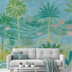 Grandeco Palm Spring Landscape Scene 7 Lane Mural Textured Mural, 2.8 x 3.71m, Blue