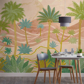 Grandeco Palm Spring Landscape Scene 7 Lane Mural Textured Mural, 2.8 x 3.71m, Pink