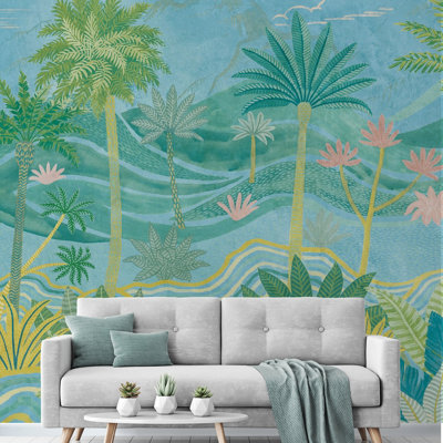 Grandeco Palm Spring Landscape Scene 7 panel Repeatable Textured Mural, 3.71 x 2.8m, Blue
