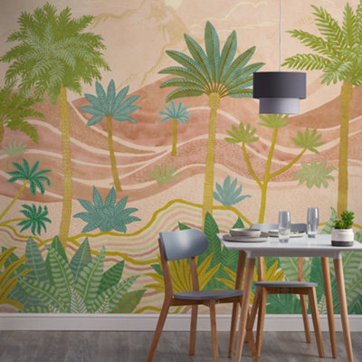 Grandeco Palm Spring Landscape Scene 7 panel Repeatable Textured Mural, 3.71 x 2.8m, Pink