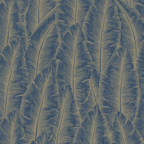 Grandeco Palmeria Palm Leaves Blown Wallpaper, Navy