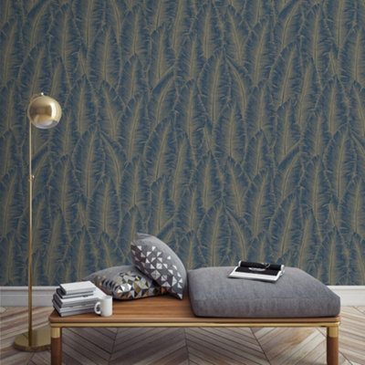 Grandeco Palmeria Palm Leaves Blown Wallpaper, Navy