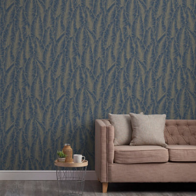 Grandeco Palmeria Palm Leaves Blown Wallpaper, Navy