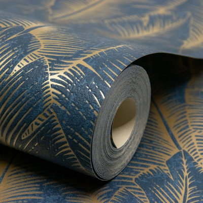 Grandeco Palmeria Palm Leaves Blown Wallpaper, Navy