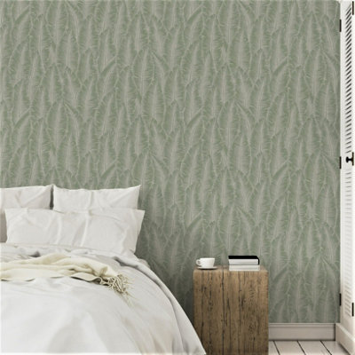 Grandeco Palmeria Palm Leaves Blown Wallpaper, Sage Green