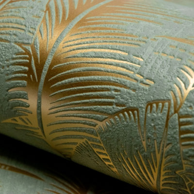 Grandeco Palmeria Palm Leaves Blown Wallpaper, Sage Green