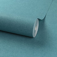 Grandeco Panama Plain Textured Linen Fabric Wallpaper, Deep Teal
