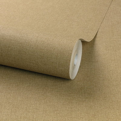 Grandeco Panama Plain Textured Linen Fabric Wallpaper, Mustard